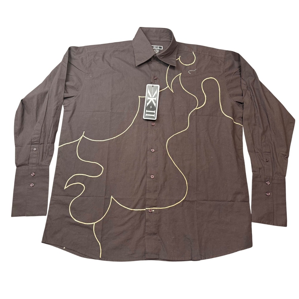 VTG KX‎ Mens 2XL Brown Long Sleeve Button Up Shirt Flame Design Embroidered NWOT